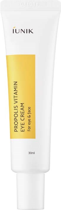 Een witte tube met gele label, bevat IUNIK Propolis Vitamin Eye Cream voor gevoelige huid, 30 ml.