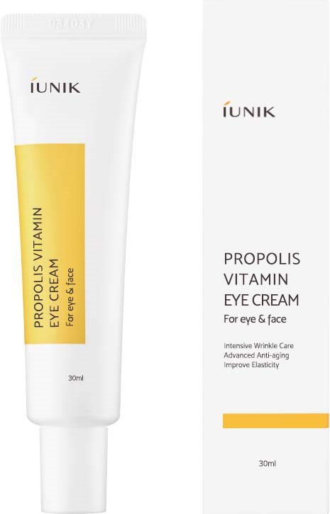 Een witte tube en doos tonen IUNIK Propolis Vitamin Eye Cream, bedoeld voor rond de ogen. Het belooft anti-aging en rimpelverbetering.