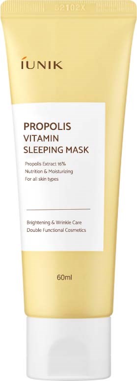 Een tube van IUNIK Propolis Vitamin Sleeping Mask, 60ml, met gele en witte ontwerp, voor huidverzorging.