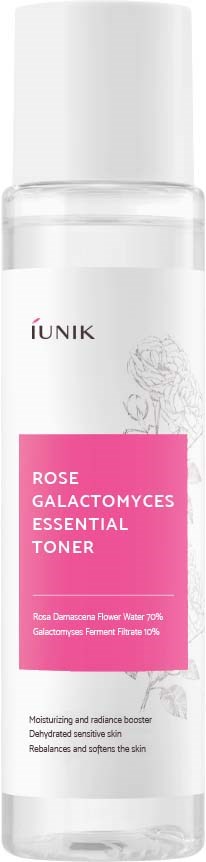 Een heldere fles IUNIK Rose Galactomyces Essential Toner met roze label en witte dop.