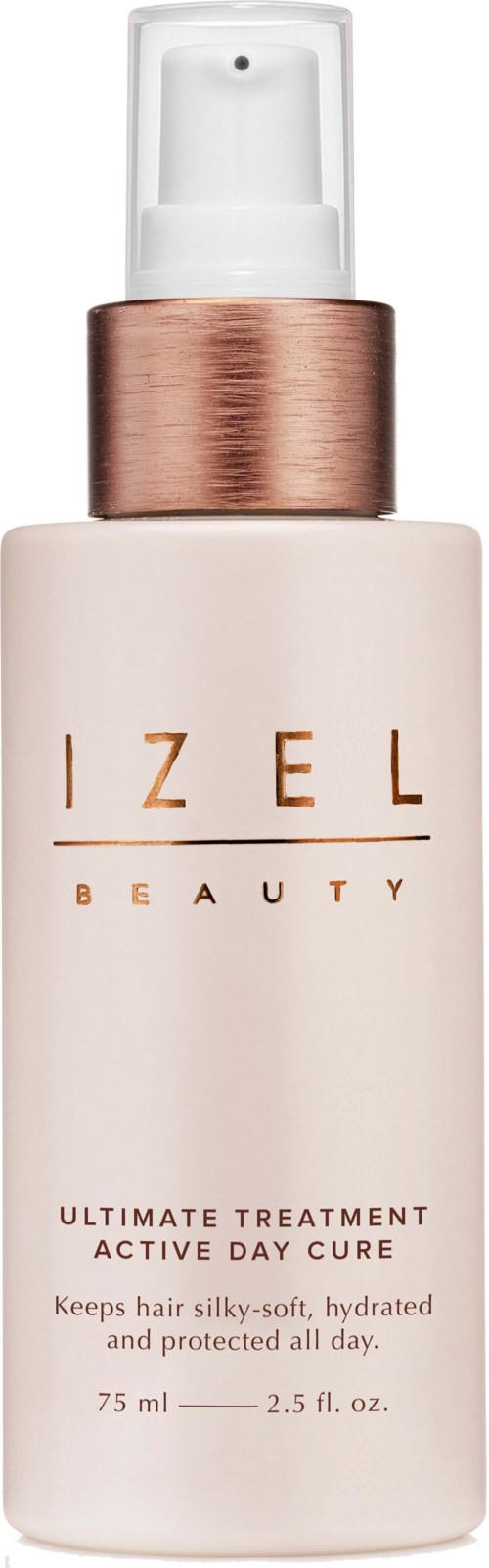 Een witte sprayfles met het label Izel Beauty, waarschijnlijk zonnebrandcrème of huidverzorging.