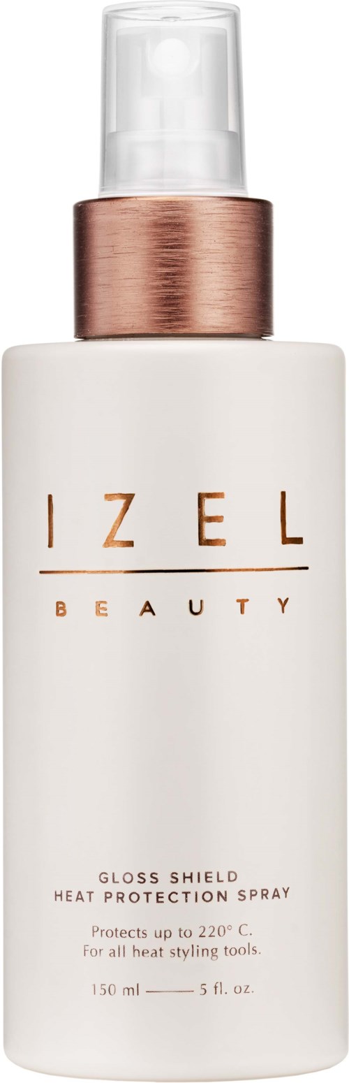 Een witte sprayfles met een roségouden dop, gemarkeerd 'IZZEL BEAUTY' en 'GLOSS SHIELD HEAT PROTECTION SPRAY.'