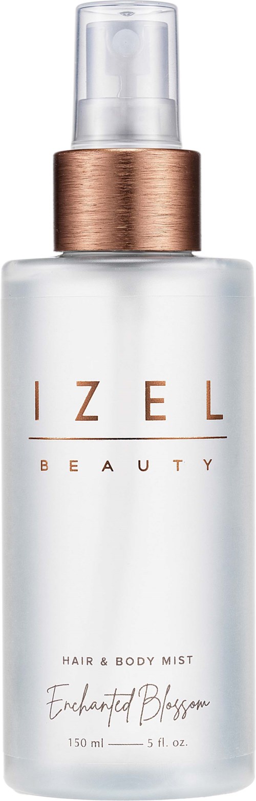 Een sprayfles met een doorzichtige body, rosegouden bovenkant en wit label met tekst 'IZEL BEAUTY' en 'Energized Blossom.'
