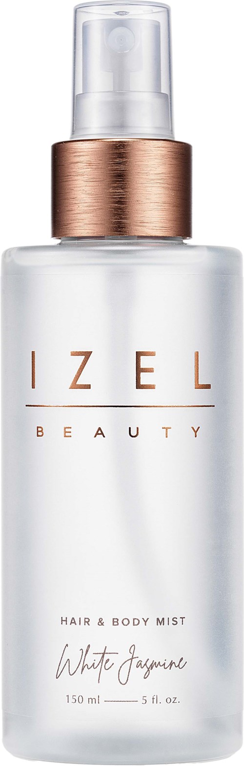 Een doorzichtige fles met spraydop, gelabeld 'IZEL Beauty White Jasmine' haar- enbody mist.
