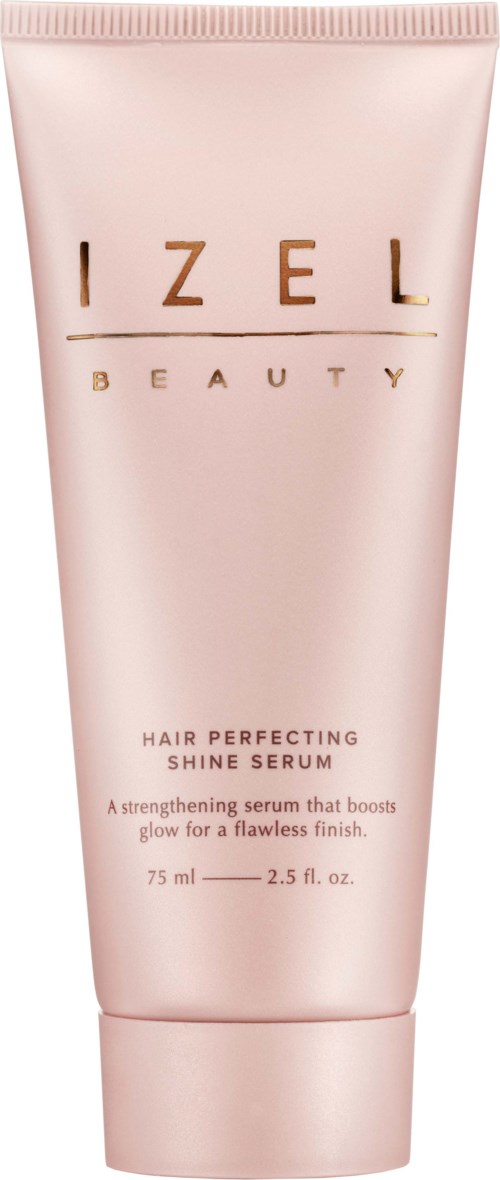 Roze tube met gouden tekst 'IZEL BEAUTY', haarverzorgingsserum, 75ml, eenvoudig en elegant ontwerp.