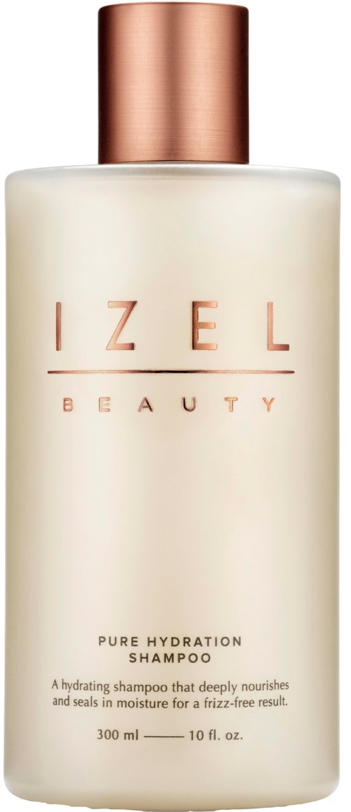 Een witte fles met een roségouden dop gemarkeerd 'IZEL BEAUTY' voor hydraterende shampoo.
