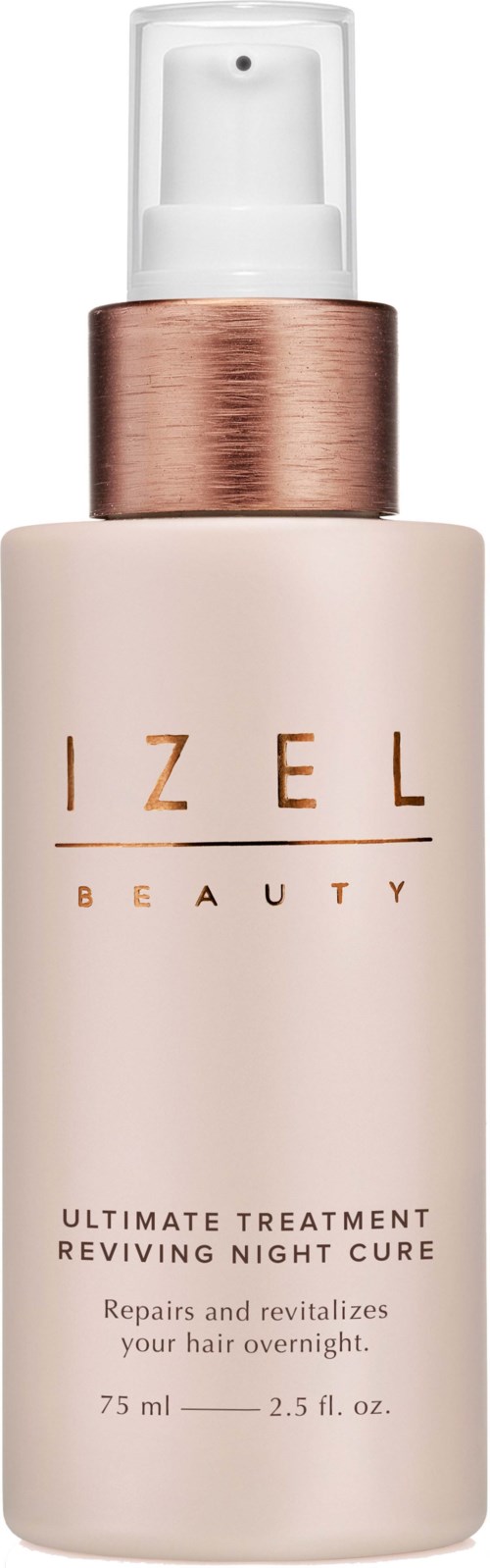 Een fles van Izel Beauty Ultimate Treatment Reviving Night Cure voor haar, met sproeikop en koperkleurige dop.