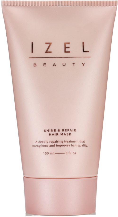 Roze tube van IZEL Beauty Shine & Repair Hair Mask. Het helpt haar te herstellen en te versterken.