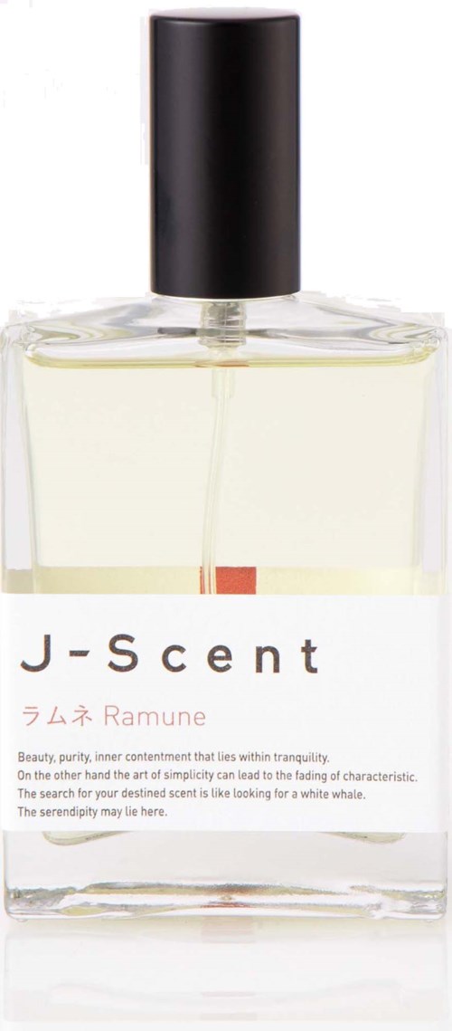 En klar parfyllare med svart lock och vit etikett med märket J-Scent och doften Ramune.