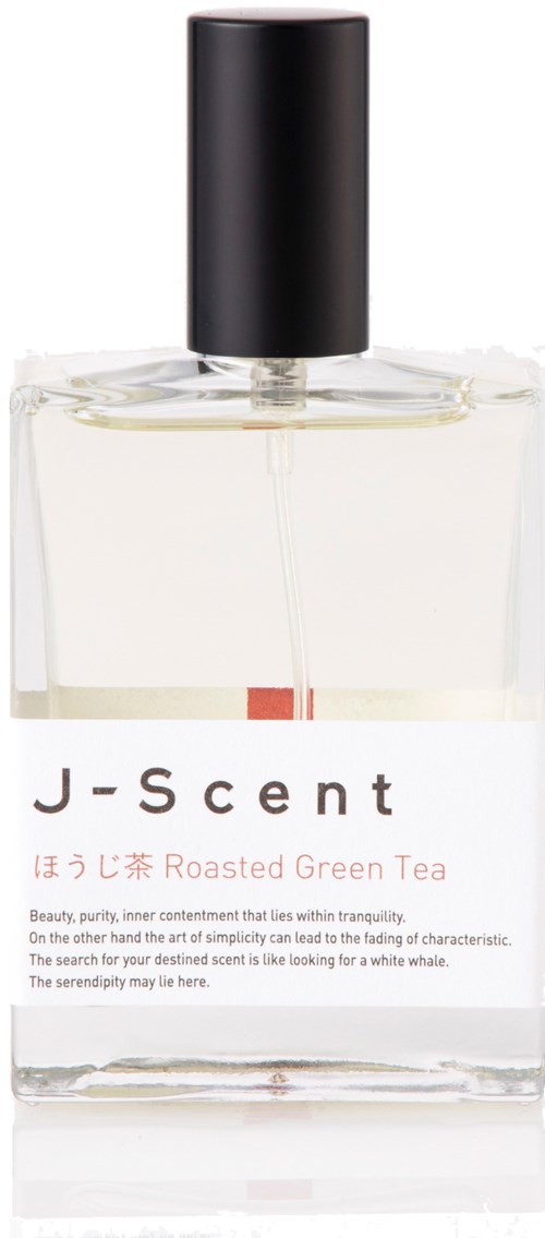 En klar parfyllflaska i glas med svart lock och etikett för J- Scent Roasted Green Tea doft.