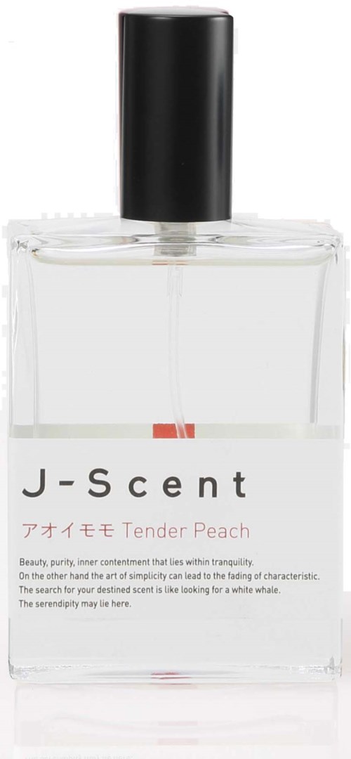 En tydlig glasflaska med parfym och svart lock, märkt J-Scent Tender Peach, med textbeskrivning.