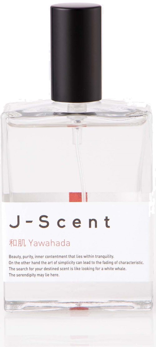 En genomskinlig parfymflaska med svart lock och vit etikett, visar märket J-Scent och doftnamnet Yawahaha.