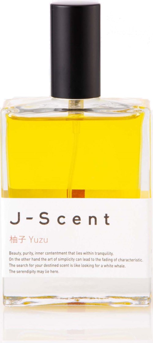 En tydlig parfymflaska i glas med gul vätska och svart lock, märkt J-Scent Yuzu.