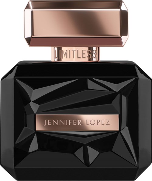 Een zwarte parfumfles met een geometrisch ontwerp, goudkleurige dop en etiket, genaamd Jennifer Lopez.