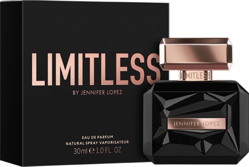 Een parfumfles en doos met 'LIMITLESS' door Jennifer Lopez, zwart en roségoud, met een geometrisch ontwerp.