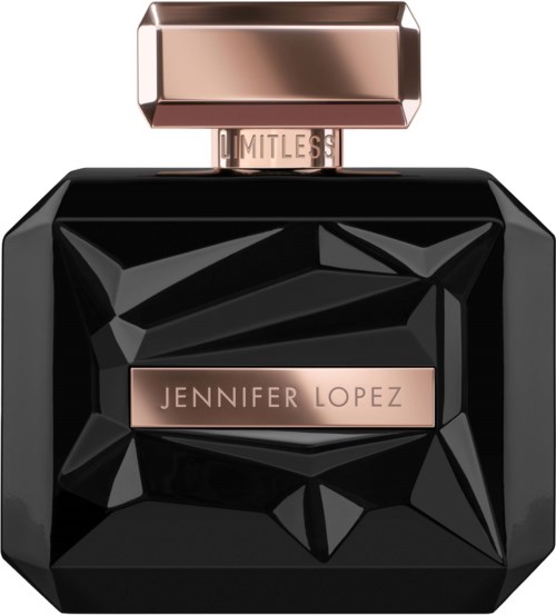 Een stijlvolle zwarte parfumfles met een geometrisch ontwerp, roségouddeksel en Jennifer Lopez branding.
