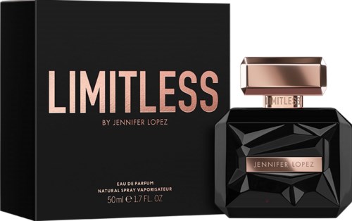 Een parfumbottle met een zwart geometrisch ontwerp en een roségouden deksel, gelabeld 'Limitless' door Jennifer Lopez.