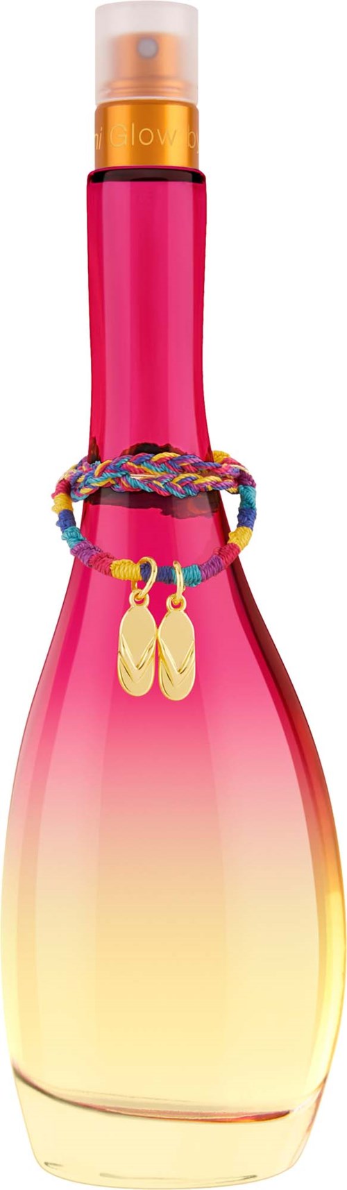 En rosa- og gultone gradient parfymeflasker med et fargerikt armbånd og små gule ørepynt som henger rundt halsen.