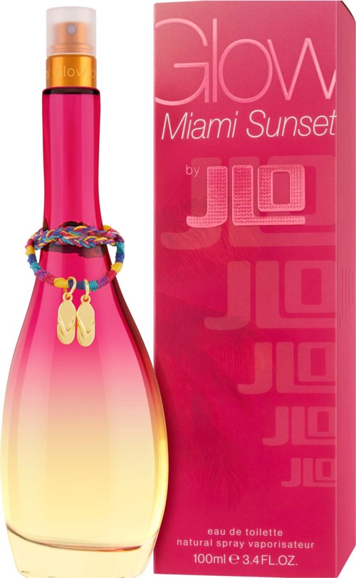 En parfymeflaske med rosa og gul gradientfarge ved siden av rosa emballasje som sier Miami Sunset av JLo.