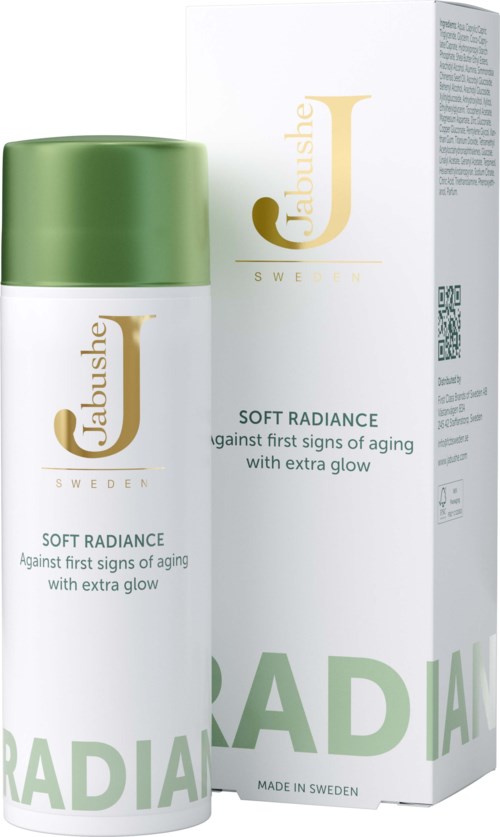 A skincare product in a white bottle with a green cap and a matching box, labeled 'Jabushe Soft Radiance' from Sweden.