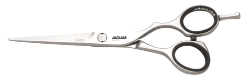 A pair of silver scissors with black handles, labeled 'JAGUAR,' lying on a white surface.