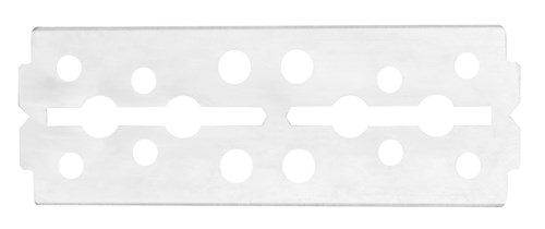 A white plastic object with various sized holes and sliding mechanisms, likely a dental or medical tool component.