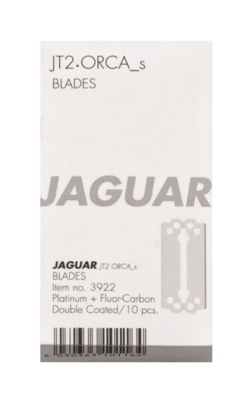 A label with text about jaguar blades, including item number, material, and quantity, with a barcode at the bottom.