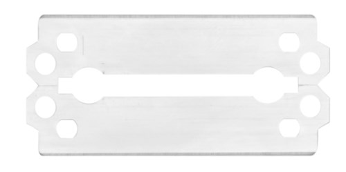 A flat, rectangular metallic object with multiple holes and a central cutout.