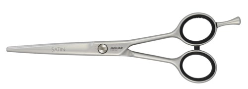 A pair of scissors with silver handles and blades, labeled 'Satin' and 'Jaguar'.