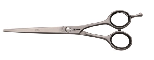A pair of stainless steel scissors with black handles and the Jaguar logo on the blade.