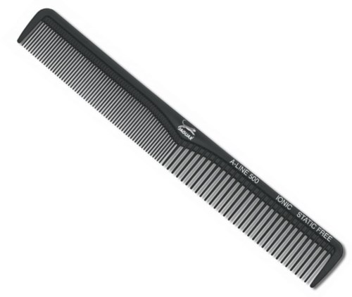 A black comb with fine teeth, labeled "A-LINE 500 IONIC STATIC FREE," designed for hair grooming.
