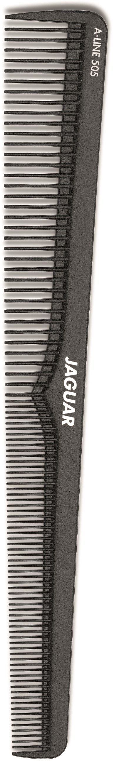 A long, black hair comb with the brand name 'JAGUAR' and 'ANTI STATIC' text, featuring fine teeth for styling.