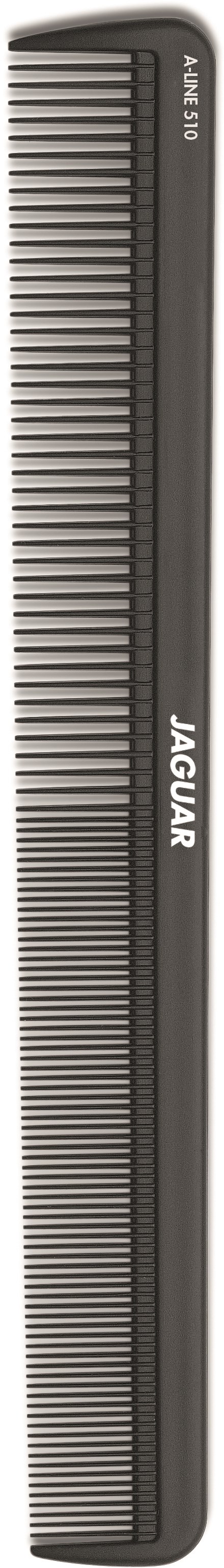 A long, black, and gray hairbrush with the Jaguar brand logo on it.