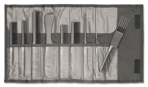 A set of black combs in a grey foldable case, with some combs inside and one outside the case.