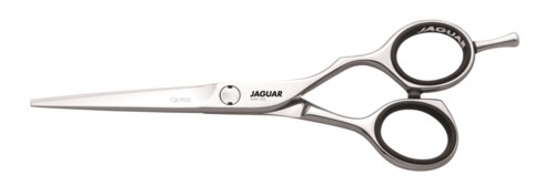 Pieni sakset, mustat ja hopeanväriset kahvat, merkki 'JAGUAR', makaa valkoisella ja mustalla taustalla.