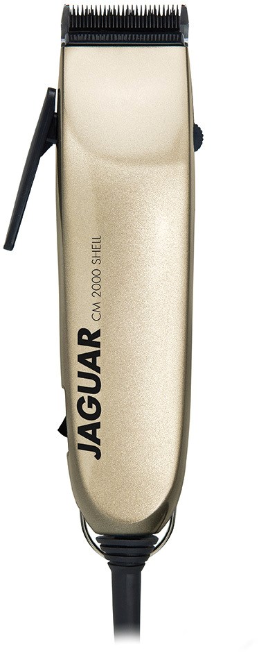 A gold and black hair clipper with a handle, adjustable knob, and a blade at the top, branded Jaguar.