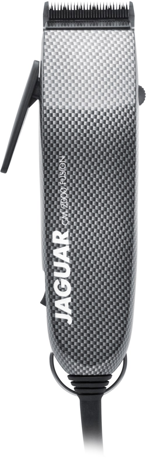 A hair clipper with a carbon fiber pattern and the brand name Jaguar. It has a power cord and adjustable blade.