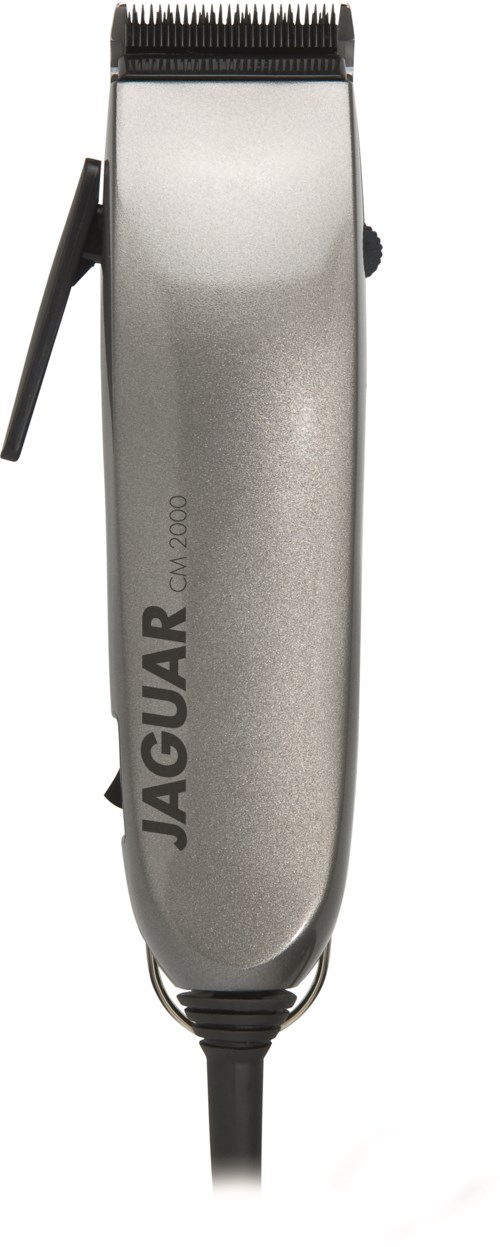 A silver hair clipper with black blades and a side lever, marked 'JAGUAR' and 'OY 2000'.