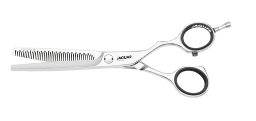 Chirurgische Schere mit gezackten Kanten, silberfarben, schwarze Griffe, Beschriftung 'Jaguar'.
