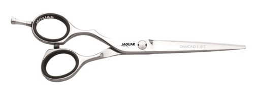 Ein Paar kleine scharfe Scheren mit schwarzen Griffen und silbernen Klingen, beschriftet "Jaguar" und "Diamond E Lift."