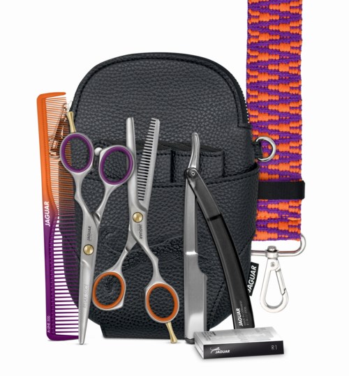 Barber tools include scissors, comb, hair clipper, and bag, with a colorful strap and product box.
