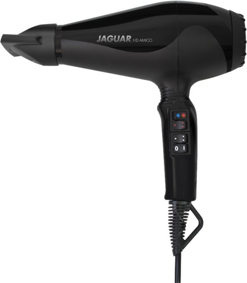 A black handheld hair dryer with controls on the handle and a cord.