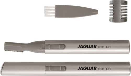 A silver hair trimmer with a detachable head, an extension, and two long cylindrical parts with brand name Jaguar.