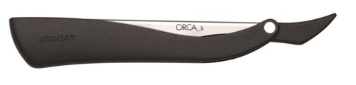 En liten buet kniv med svart håndtak og skarpt sølvblad, merket 'JAGUAR' og 'ORCA_s.'