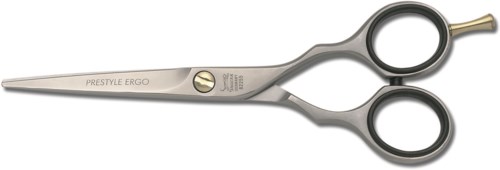 A pair of professional hair scissors with gold and black handles, used for hair cutting.