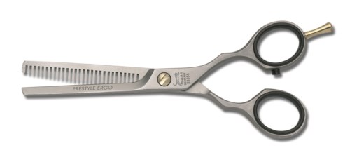 Medizinische Schere mit geraden Klingen und Fingerlöchern, zum Schneiden von Haaren oder Kopfhaut. Silberfarben, Metall und Kunststoff.