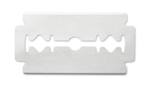 A metal double-edged razor blade with a central cutout and sharp edges, used for shaving.