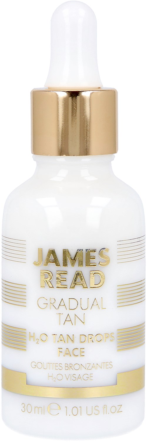 Dies ist eine weiße Flasche mit Tropfer, goldener Kappe und goldenem Text. Es ist ein Gesichtsbräunungsprodukt von James Read.