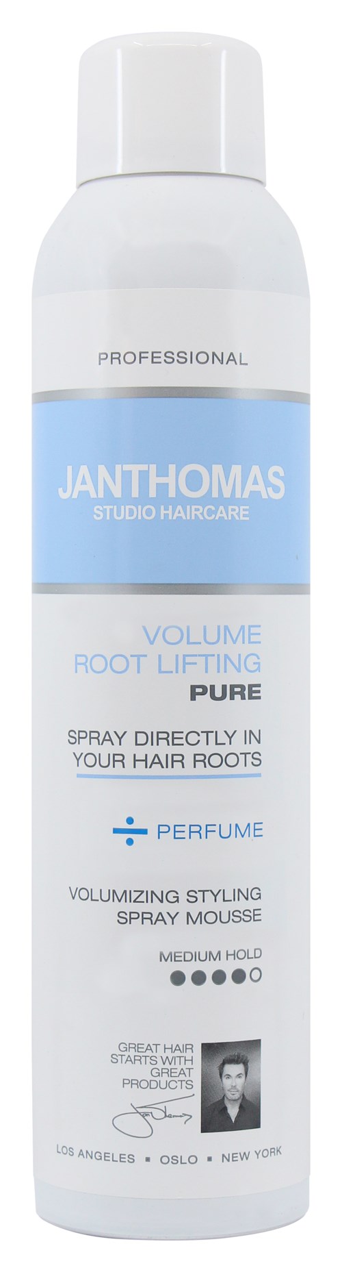 En hvit flaske med blå etikett, merket Janthomas volum root lifting spray, for hår, med hvit hette.