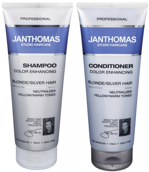 Two hair care bottles labeled shampoo and conditioner, designed for blonde or silver hair, from JANTHAS studio haircare.